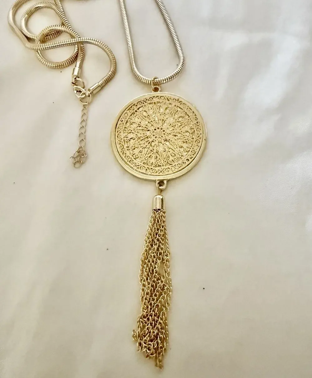 Vintage Long Pendant Necklace Gold Tone Snake Chain Etche with Tassel 32” Long